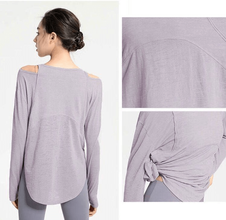 Back view of a stylish sporty lightweight women's top with long sleeves and cutouts, perfect for yoga and comfortable movement.